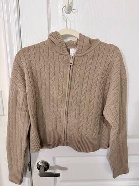 Pink Rose Cable-Knit Zip Hoodie Sweater - Taupe Pink